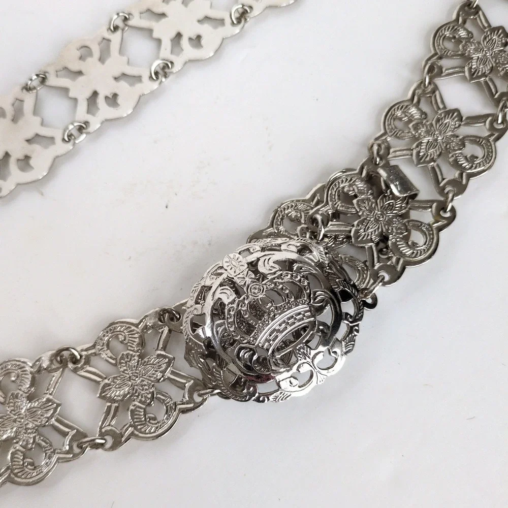 Vintage English Nurses Silver Plate? Chain‎ Belt Filigree Crown Floral Metal